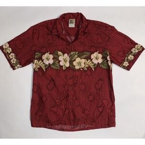 Winnie Fashion Men's XL Red Stripe Hibiscus Hawaiian Shirt Cotton Made in Hawaii